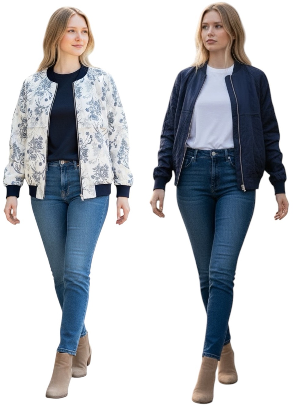 NEW blue b Reversible Navy Cream Floral Flower Print Boho Satin Bomber Jacket
